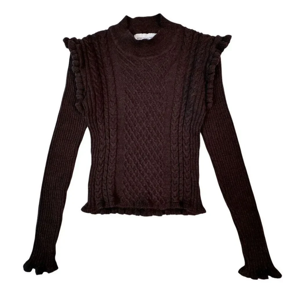 Something Navy Sara Sweater Extrafine Merino Wool Brown Ruffle Trim Cropped XS - Picture 3 of 10